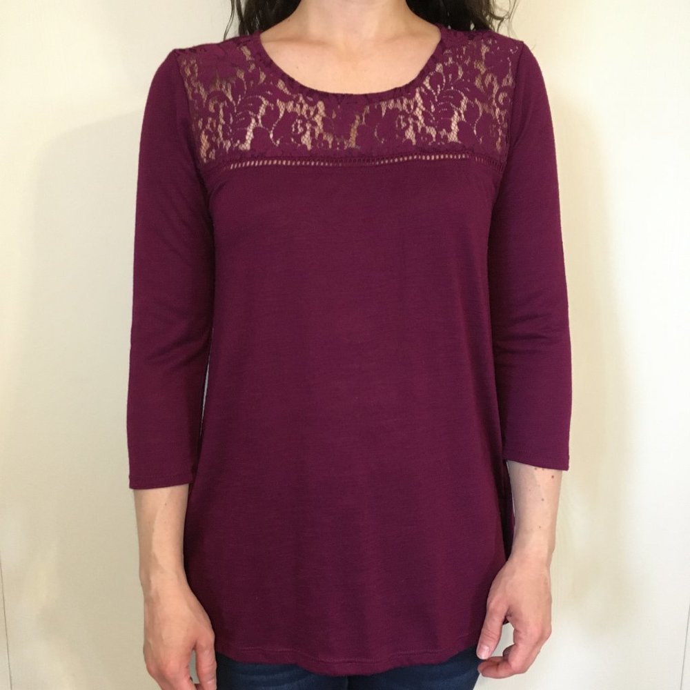 cranberry purple ¾-length sleeve knit lace top (S)